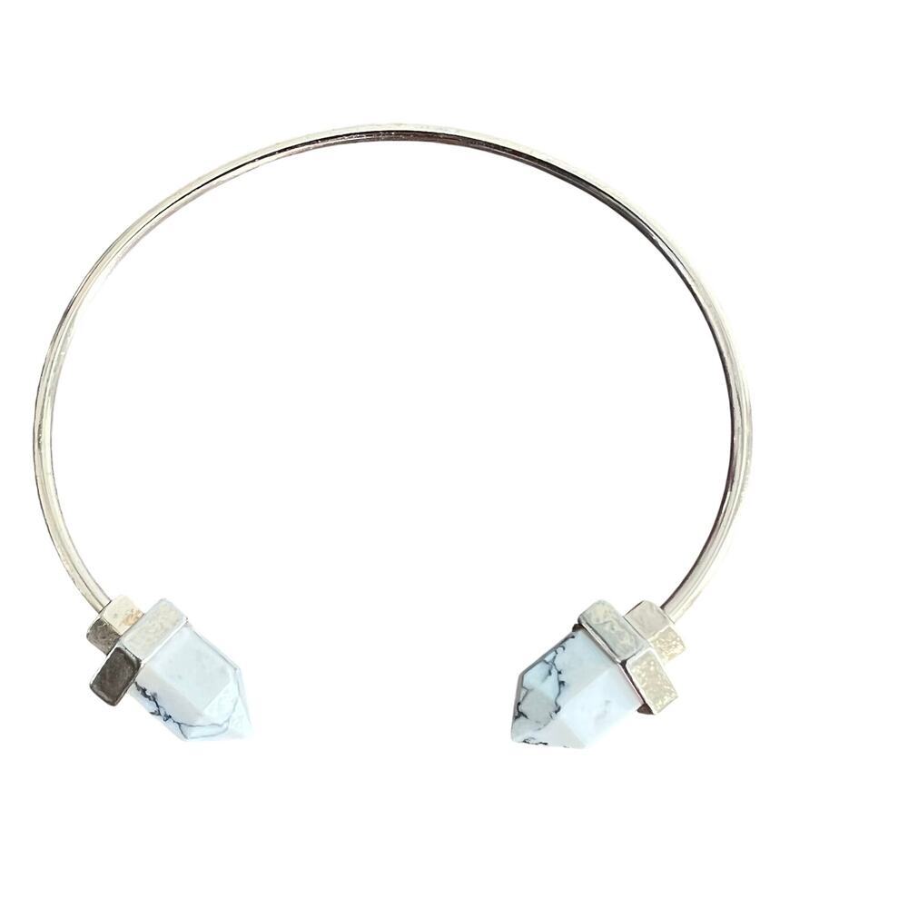 Gold tone marbled white and black stone style cuff bangle bracelet